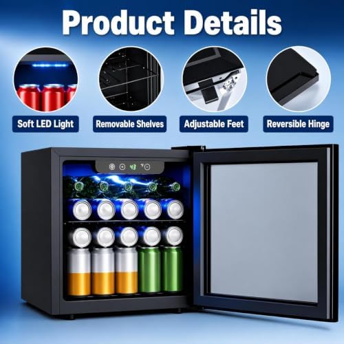 COWSAR Beverage Refrigerator, 50 Cans Wine Cooler, ETL Approved 1.3 Cu.ft Mini Fridge with Glass Door, Adjustable Shelves, Digital Temperature Freestanding Small Drink Fridge for Soda Beer or Wine - Image 3
