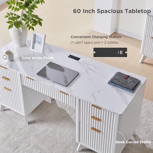 T4TREAM 60" Modern Fluted Executive Desk with Drawers, White - Image 5