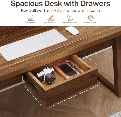 Tribesigns Home Office Executive Desk: 55 Inches Wooden Computer Desk with Drawer, Mid-Century Modern Study Writing Table, Rustic PC Laptop Desk Workstation Furniture, Walnut Brown - Image 6