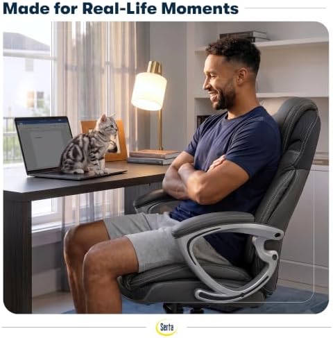 Serta Bryce Executive Office Chair - Ergonomic Computer Desk Chair with Patented AIR Lumbar Technology - Adjustable Height - Memory Foam Body Pillows - 360° Swivel Rolling Base - Bonded Leather - Gray - Image 3