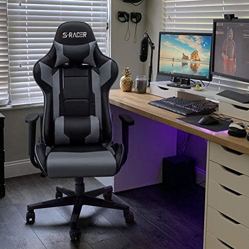 Homall Gaming Chair, Office Chair High Back Computer Chair Leather Desk Chair Racing Executive Ergonomic Adjustable Swivel Task Chair with Headrest and Lumbar Support (Grey) - Image 2