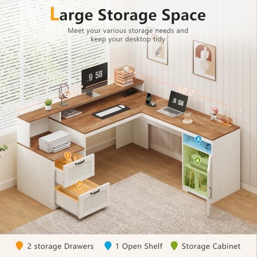 Farmhouse L Shaped Desk with Drawers & Printer Shelf for Home Office - Image 4
