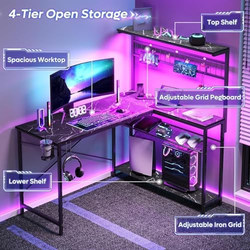 Bestier 51 Corner Computer Desk with Power Outlets LED Lights, Black Marble - Image 5