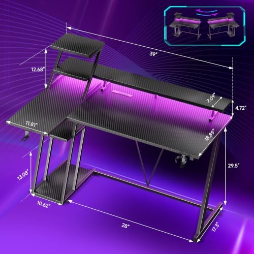 Korfile 40 Inch Gaming Desk with LED & Power Outlet, Carbon Fiber Black - Image 2