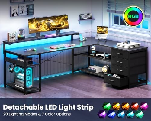 AODK 61 Inch L Shaped Computer Desk with 4 Drawers, LED Lights, Black - Image 4