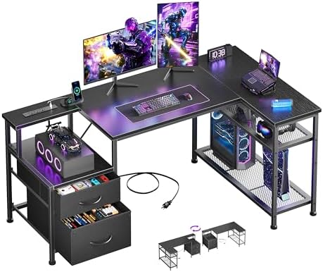 Korfile 49 Inch L Shaped Gaming Desk with Power Outlets, Black by Korfile