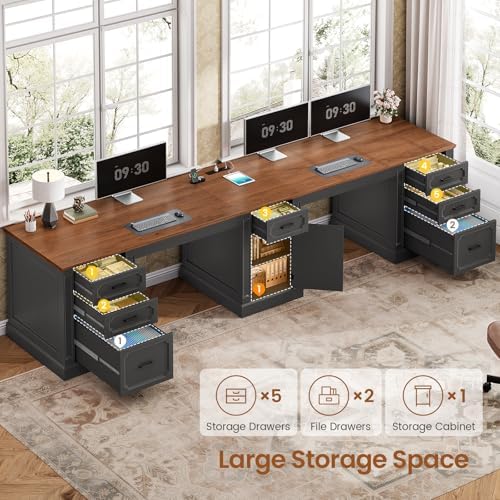 SEDETA Farmhouse 110.3" Two Person Desk with 7 Drawers, Long Computer Desk with Storage Cabinet, 2 Person Desk with Power Outlets for Home Office, Black+Brown - Image 3