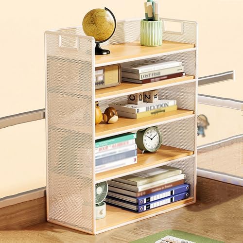 Mesh Metal Dorm Desk Hutch with Handle,Desktop Bookshelf Organizer,Office File Paper Tray Organizer for Home Office,School Supplies(15.7" W x 6.3" D x 23.6" H, White Wood 5 Tier) by Unknown