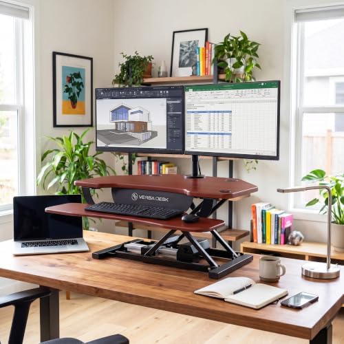 VERSADESK PowerPro 36 Inch Electric Corner Standing Desk Converter, Motorized Height Adjustable Sit-Stand Desk Riser, Dual Monitor & Laptop Workstation with Keyboard Tray, Cherry - Image 2