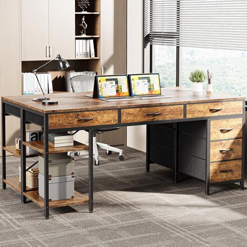 Huuger Computer Desk with 6 Drawers, Office Desk with Shelves, Reversible Gaming Desk, Large Corner Desk with Storage, Work for Home Office, Study, Living Room, 63inch, Rustic Brown - Image 2