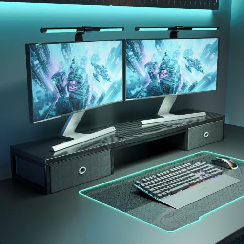Mexin 39" Dual Monitor Stand Riser with 2 Storage Drawers, Carbon Fiber Computer Desk Organizer for 2 Monitors, Heavy Duty 100 Lbs Desktop Stand with Phone Tablet Holder for Home Office, Black by Mexin