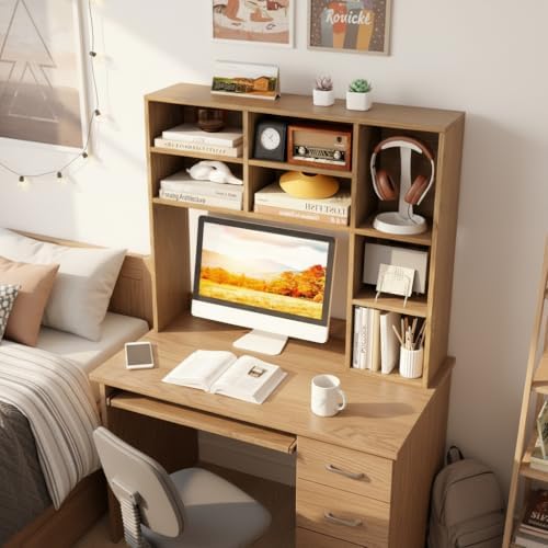 Tangkula Desktop Bookshelf, 37" Countertop Storage Hutch with 7 Cubes & 3 Adjustable Shelves, 3-Tier Desk Display Rack Organizer, Multipurpose Wood Desktop Hutch for Dorm Home Office (Natural) - Image 4
