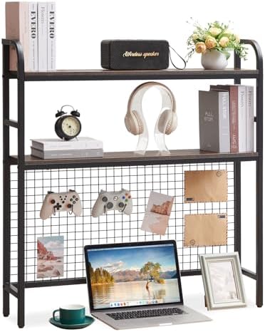 Desk Shelf, 36.8” Desktop Organizer Shelf with Grid Panel and Hooks, Desk Hutch for Computer Monitor, 2 Tier Desk Display Rack Wood Desktop Bookshelf Storage for Home Office Dorm (Rustic Brown, 36.8") by Grecodown