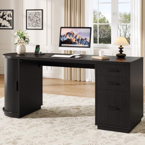 ONBRILL 70" Fluted Executive Desk with File Drawers (Black) by ONBRILL