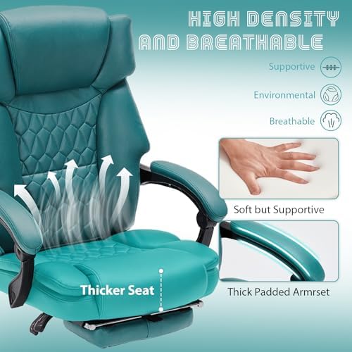 Massage Office Chair with Foot Rest 6 Points Vibration and Heat Home Office Desk Chairs for Heavy People 400lbs Reclining Managerial Chairs Ergonomic Executive Chair (Teal Blue) - Image 6