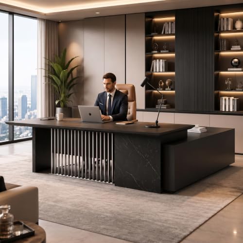 86.6” Luxury Executive Desk, L Shaped Office Desk with Storage & Wireless Charging, Marble Texture Modern CEO Desk with 304 Stainless Steel Grille, for CEO Office & Designer Home Office (Left) - Image 3