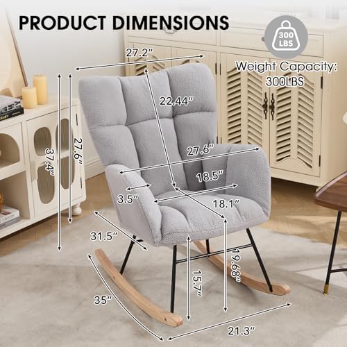 Nursery Rocking Chair, Teddy Upholstered Glider Chair with Thick Cushion, Tufted Gliding Rocker Chair with Wood Leg, Cozy Rocking Armchair, Accent Rocking Chair for Living Room (Light Gray) - Image 2