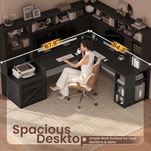 SEDETA 68" Farmhouse L Shaped Computer Desk with Hutch, Storage Drawers - Image 5