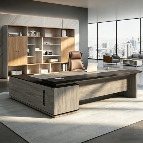 L Shaped Executive Desk with Drawers, Large Office Desk with Storage Cabinet, Wood L Shape Desk for Home Office or Business Workspace, Left or Right Cabinet Option, Multiple Sizes & Colors by Unknown