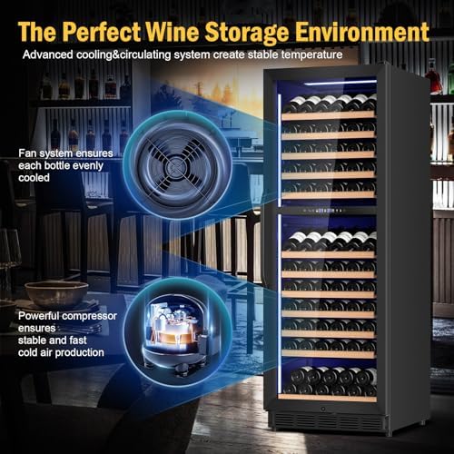FoMup Wine Fridge Dual Zone, Freestanding Wine Cooler Refrigerator 180 Bottles Large Capacity with Sliding Rail Wooden Shelves and Door Lock, Black - Image 3