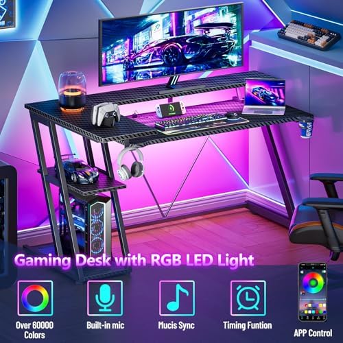 Korfile 55 Inch Gaming Desk with Power Outlet & LED Lights, L Shaped Gamer Computer Table with Storage Shelves for Bedroom, Corner Home Office Desk, Carbon Fiber Black - Image 4