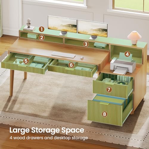 SEDETA 59" Computer Desk with 4 Storage Drawers, Fluted Wood Office Desk with File Drawer, LED Lights and Power Strip, Gaming Table Writing Desk for Home Office, Living Room, Bedroom, Oak - Image 4