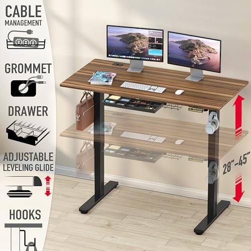SHW 55 x 28 Electric Height Adjustable Standing Desk w/Drawer, Walnut - Image 4