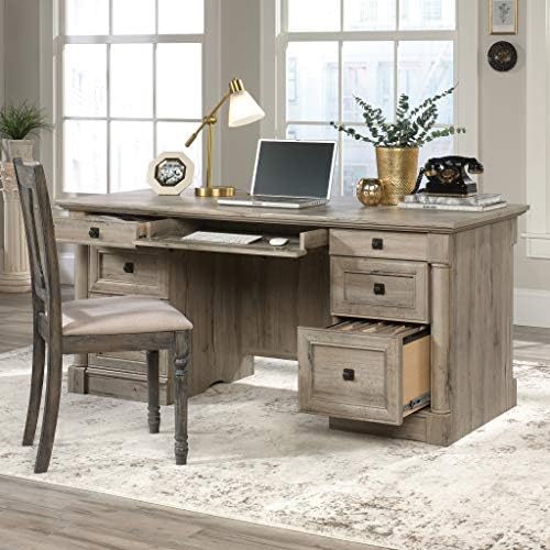 Sauder Palladia Office Desk with Drawers, Executive Desk with File Cabinet Storage, Cable Management, Keyboard Tray, in Split Oak Finish - Image 2