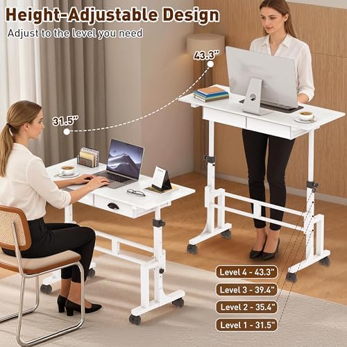Height Adjustable Standing Desk with 2 Drawers, Small Sit Stand Up Desk with Wheels, Portable Rolling Desk for Walking Pad Treadmill, Computer Office, Adjustable 31.5"-43.3", White, Upgraded Stable - Image 6