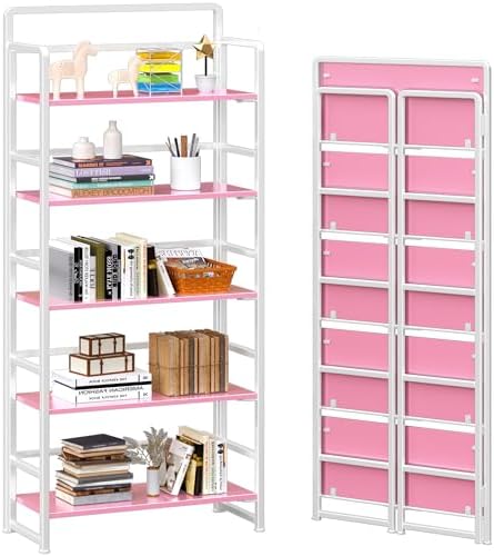 4NM No Assembly 5 Tier Folding Bookshelf Tall Storage Shelves Vintage Bookcase Standing Racks for Bedroom Living Room Home Office by 4NM