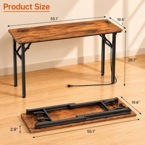 Folding Table Computer Desk - 55.1" No Assembly Folding Desk with Power Outlets & USB Charging Port, Small Desk, Foldable Office Desk, Compact Storage Portable Use for Small Space, Rustic Brown - Image 3