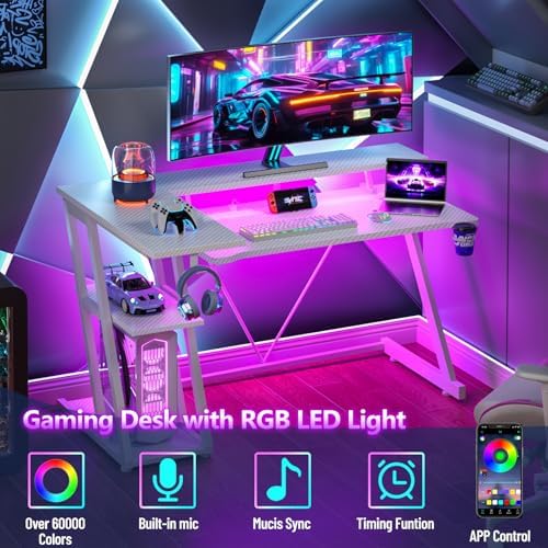 Korfile 47 Inch White Gaming Desk with Power Outlet & LED Lights, Corner Computer Desk with 3 Tiers Storage Shelves, L Shaped Gaming Desk with Monitor Stand for Bedroom - Image 4