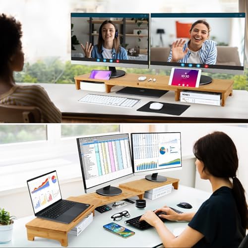 Nnewvante Monitor Stand Riser 60 inch Bamboo Dual Monitor Stand for Desk - Image 2