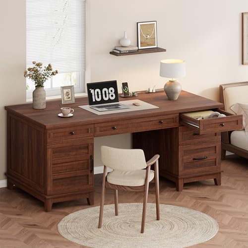 Garvee 60" Wooden Home Office Desk with File Drawers, Executive Desk with Adjustable Cabinet, Farmhouse Wood Desk with Power Outlet, Distressed Study and Work Table, Rustic Brown by Garvee