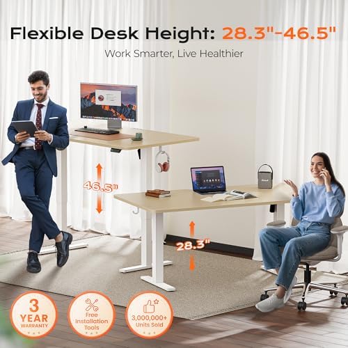 Huuger 63 x 28 Large Electric Standing Desk, Height Adjustable Computer Desk, 27.6" Deep Desktop, Stand up Gaming Office Table with 2 Hooks, 3 Preset Heights, for Home Office, Maple, 7021Q-1 - Image 3