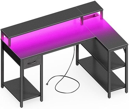 SUPERJARE 47 inch L Shaped Gaming Desk with LED Lights & Power Outlets, Reversible Computer Desk with Shelves & Monitor Stand, Corner Desk with Drawer, for Home & Office, Carbon Fiber Black by SUPERJARE