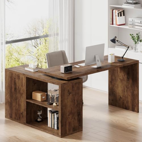 HSH L Shaped Desk with Storage, Home Computer Desk, Rustic Brown, 55 Inch by HOMESWEETHOME