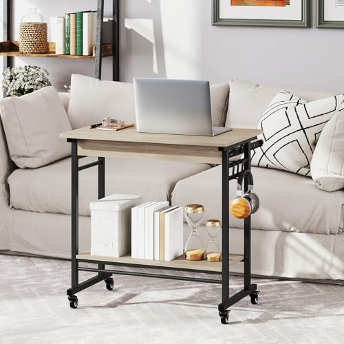 Tangkula Rolling Computer Desk Cart with Keyboard Tray, Mobile Portable Laptop PC Desk with CPU Stand & 3 Hooks for Sofa & Bed, Compact Small Desk on Wheels for Small Spaces (Grey) - Image 5