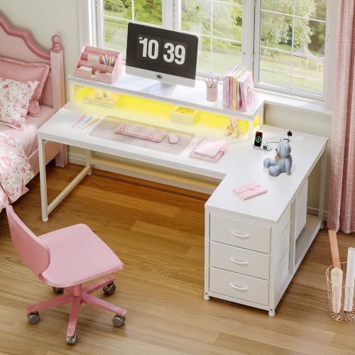EnHomee 55" White L Shaped Desk with 3 Storage Drawers for Home Office - Image 2