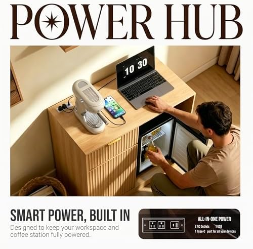 Mini Fridge Cabinet with Power Outlet, Coffee Bar Cabinet with Fridge Space & Wine Glass Rack, Fluted Buffet Sideboard with Drawer & Adjustable Shelf, Home Bar Cabinet for Living, Dining Room Kitchen - Image 4