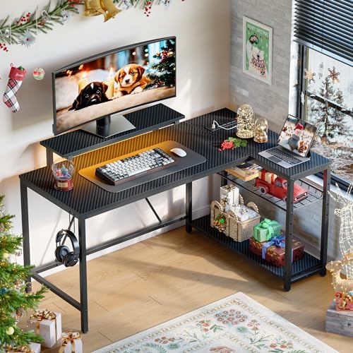 Bestier 58-Inch L-Shaped Gaming Desk with Charging & LED, Black - Image 3