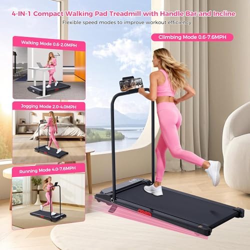 Walking Pad with Incline and Handle Bar, Portable Treadmill for Home Small, Electric Walking Pads Treadmills with Handles, Compact Treadmills with Incline for Small Spaces, 3.0HP, 0.6-7.6MPH, 350LBS - Image 2