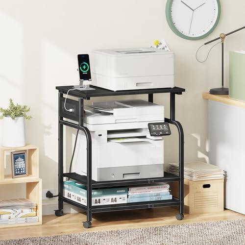 YAOHUOO 3 Tier Large Printer Stand with Power Outlet/Adjustable Shelf - Image 2