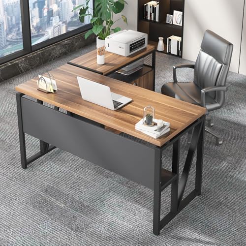 Tribesigns 55" Executive Desk with Reversible File Cabinet, Large L-Shaped Office Desk with Drawers, Business Furniture Workstation for Home Office (Dark Walnut, 55-inch) by Tribesigns
