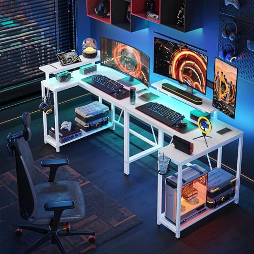 Pinmoco 42" Reversible Small L-Shaped Gaming Desk with LED Lights, White - Image 6