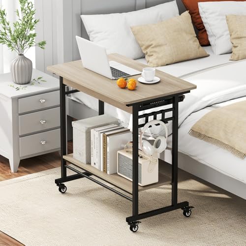 Tangkula Rolling Computer Desk Cart with Keyboard Tray, Mobile Portable Laptop PC Desk with CPU Stand & 3 Hooks for Sofa & Bed, Compact Small Desk on Wheels for Small Spaces (Grey) - Image 4