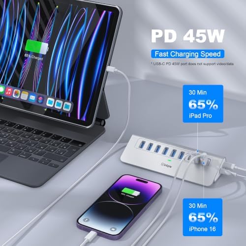 Powered USB Hub 10Gbps, intpw 9-Port USB 3.2/USB C Hub(3 USB 3.2 + 4 USB 3.0 + 2 PD 45W Charging Ports), 65W Power Adapter and 3.3FT Cable, Aluminum USB Hub for Laptop, iPhone 17/16/15，PC - Image 4