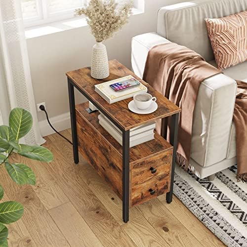 HOOBRO Set of 2 End Tables with Charging Station, Narrow Side Table with Drawers, Power Outlets, Nightstand for Small Spaces, Living Room, Stable and Sturdy, Rustic Brown and Black BF541BZP201 - Image 2