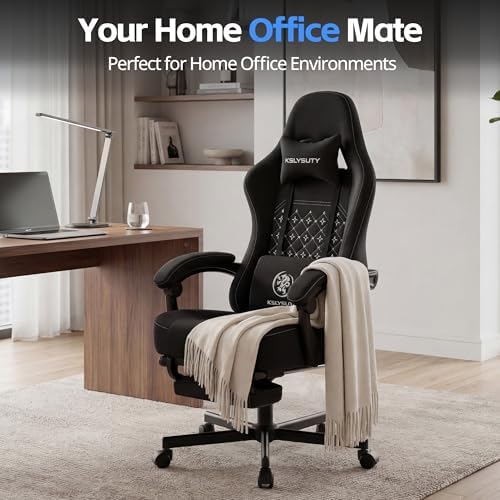 Desk Computer Gaming Chair - Ergonomic Game Office Chair with Extended Footrest and Massage Lumbar Support, Home Gamer Video Game Chairs with Spring Cushion for Adults (Pro Black Fabric) - Image 5