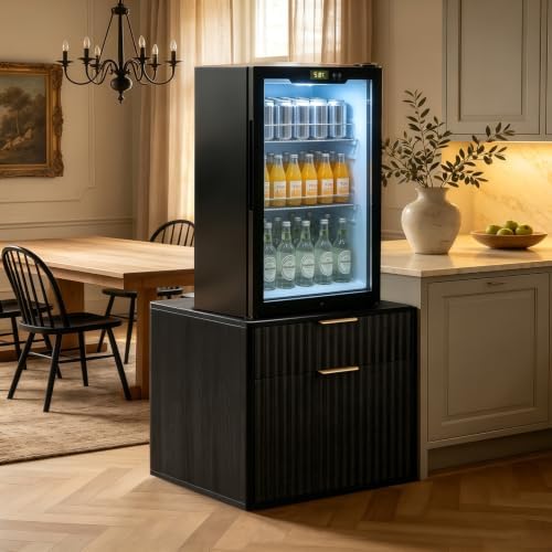 Mini Fridge Stand with Storage, Fluted Mini Fridge Cabinet with 2 Drawers, Wood Refrigerator Table Stand for College Dorm Room, Home Office & Bedroom, Black, 22.4" W by Unknown